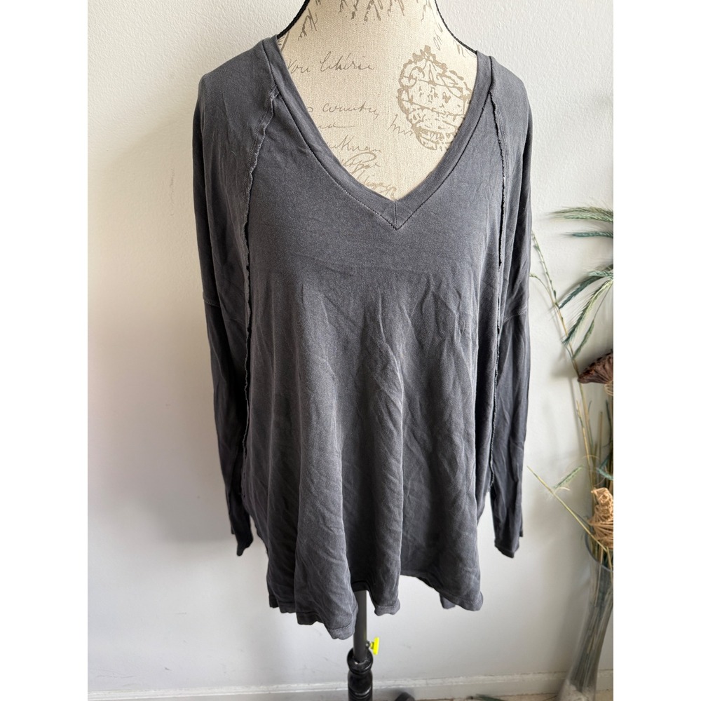Free People Distressed V Neck Long Sleeve Cotton Top Charcoal Gray Size S